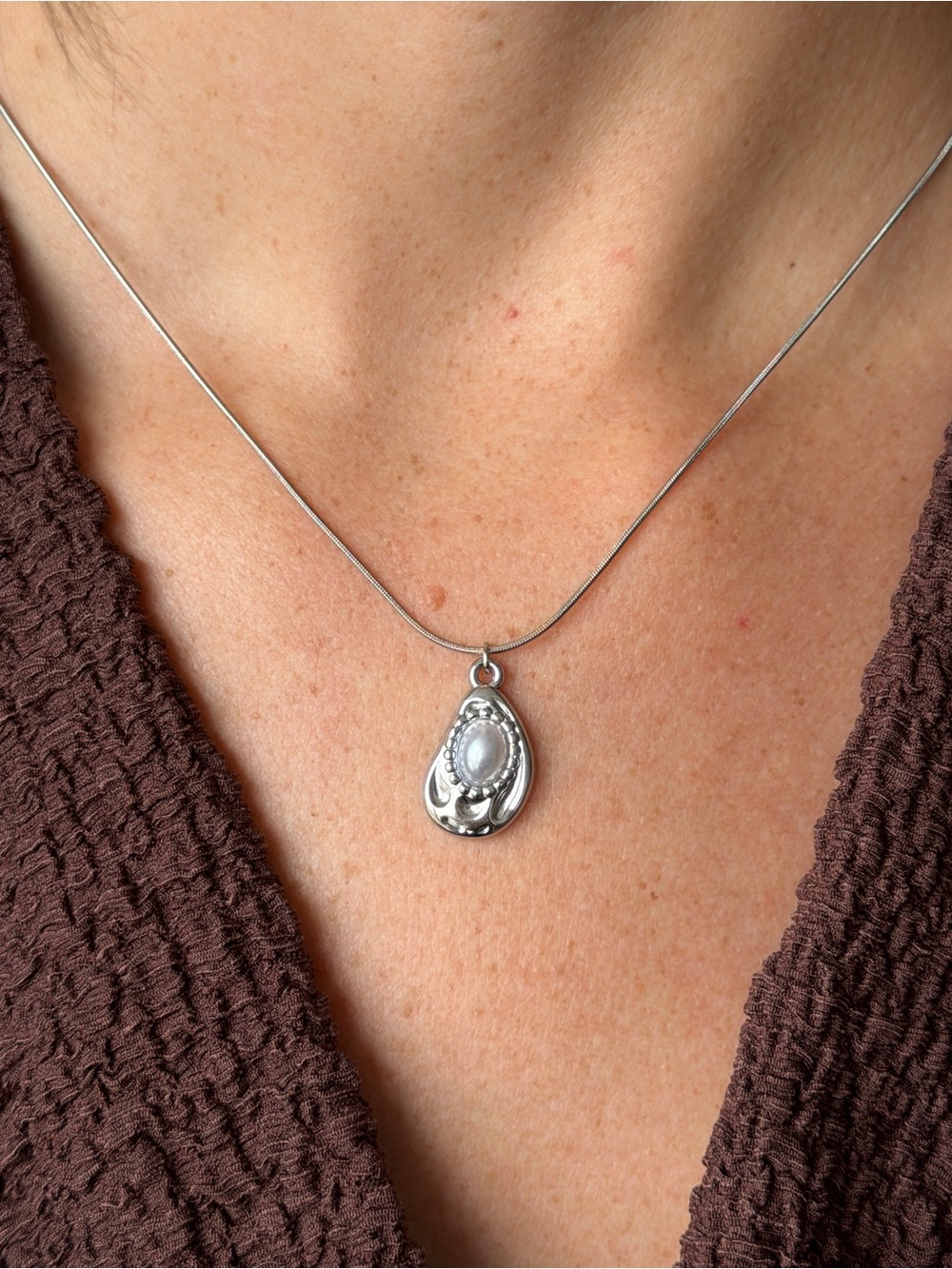 Silver Teardrop Pendant Necklace with Pearl Accent - Women Jewelry